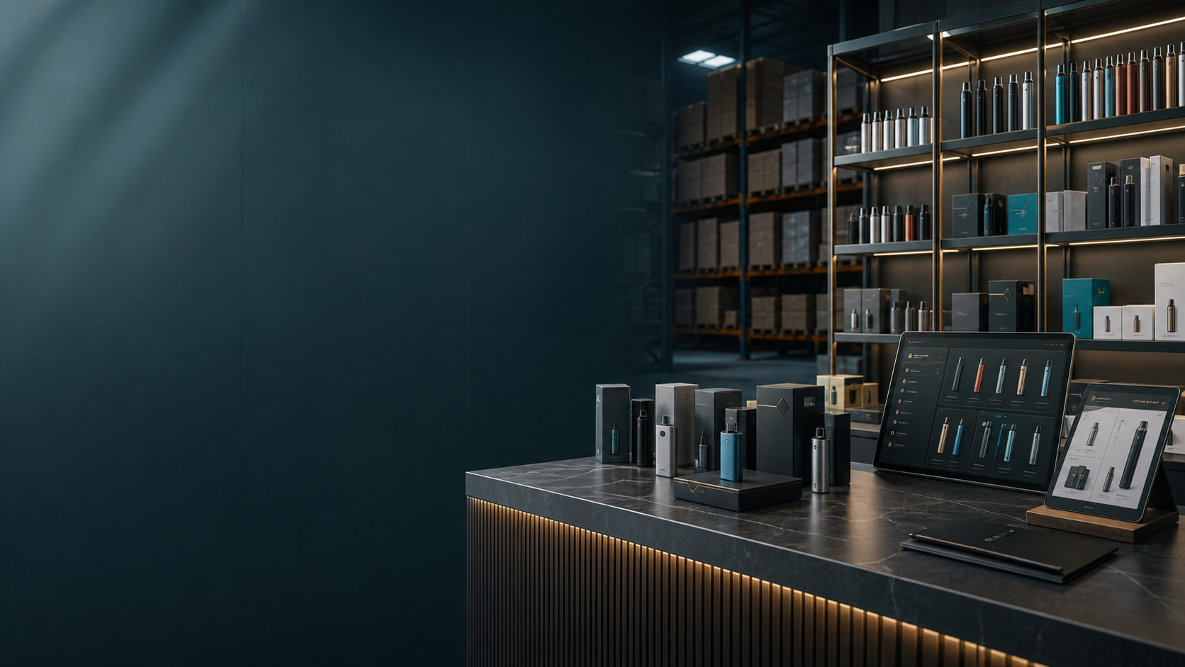 Vape wholesale product catalog and warehouse supply visual